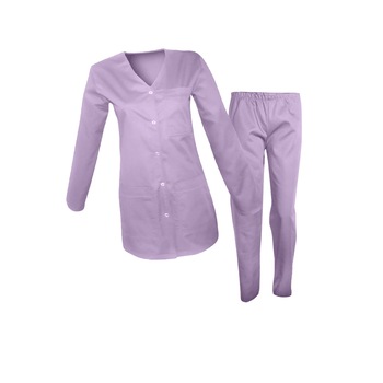 Costum medical de dama maneca lunga, bluza cu capse si pantaloni cu elastic, Lila, L Costum medical de dama maneca lunga, bluza cu capse si pantaloni cu elastic, Lila, L