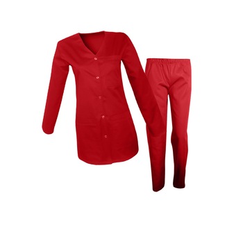 Costum medical de dama maneca lunga, bluza cu capse si pantaloni cu elastic, Rosu, XL Costum medical de dama maneca lunga, bluza cu capse si pantaloni cu elastic, Rosu, XL