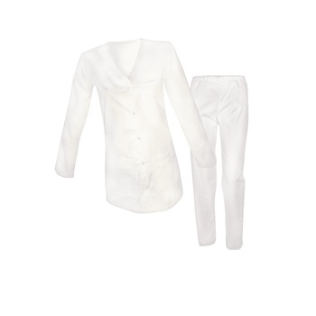 Costum medical de dama maneca lunga, bluza cu capse si pantaloni cu elastic, Alb, S Costum medical de dama maneca lunga, bluza cu capse si pantaloni cu elastic, Alb, S