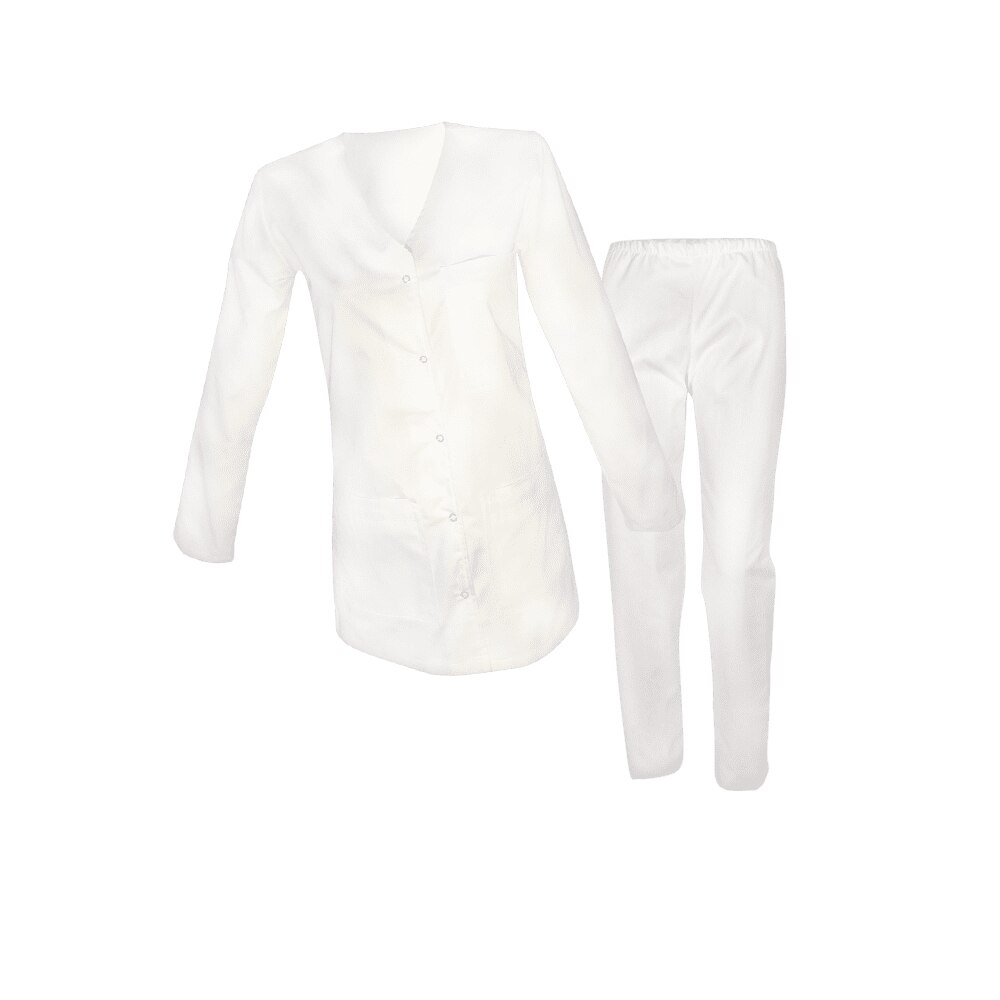 Costum medical de dama maneca lunga, bluza cu capse si pantaloni cu elastic, Alb, L