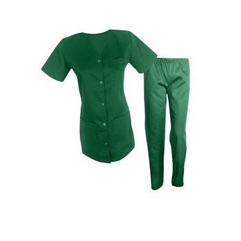 Costum medical de dama, bluza cu capse si pantaloni cu elastic, Verde Inchis, XXL Costum medical de dama, bluza cu capse si pantaloni cu elastic, Verde Inchis, XXL