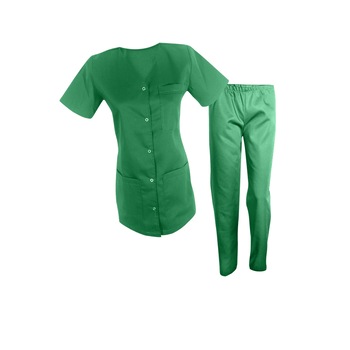 Costum medical de dama, bluza cu capse si pantaloni cu elastic, Verde, M Costum medical de dama, bluza cu capse si pantaloni cu elastic, Verde, M