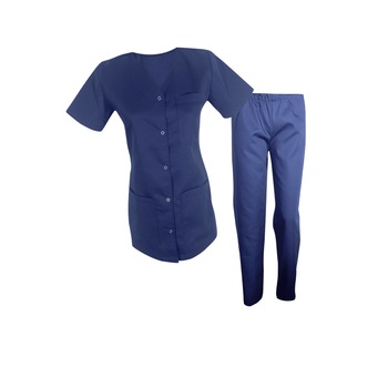Costum medical de dama, bluza cu capse si pantaloni cu elastic, Bleumarin, M