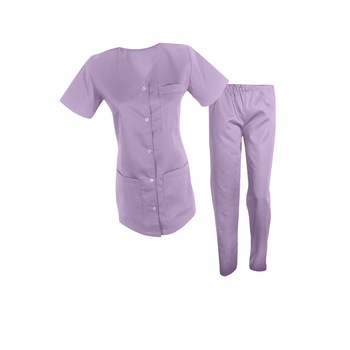 Costum medical de dama, bluza cu capse si pantaloni cu elastic, Lila, L