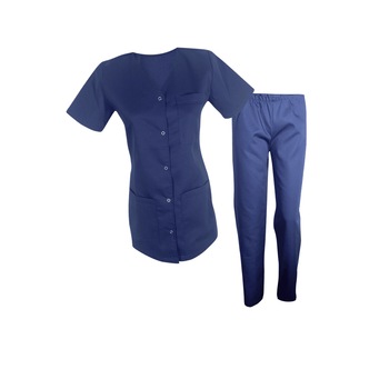 Costum medical de dama, bluza cu capse si pantaloni cu elastic, Bleumarin, XL Costum medical de dama, bluza cu capse si pantaloni cu elastic, Bleumarin, XL