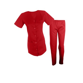 Costum medical de dama, bluza cu capse si pantaloni cu elastic, Rosu, S Costum medical de dama, bluza cu capse si pantaloni cu elastic, Rosu, S