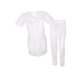 Costum medical de dama, bluza cu capse si pantaloni cu elastic, Alb, S