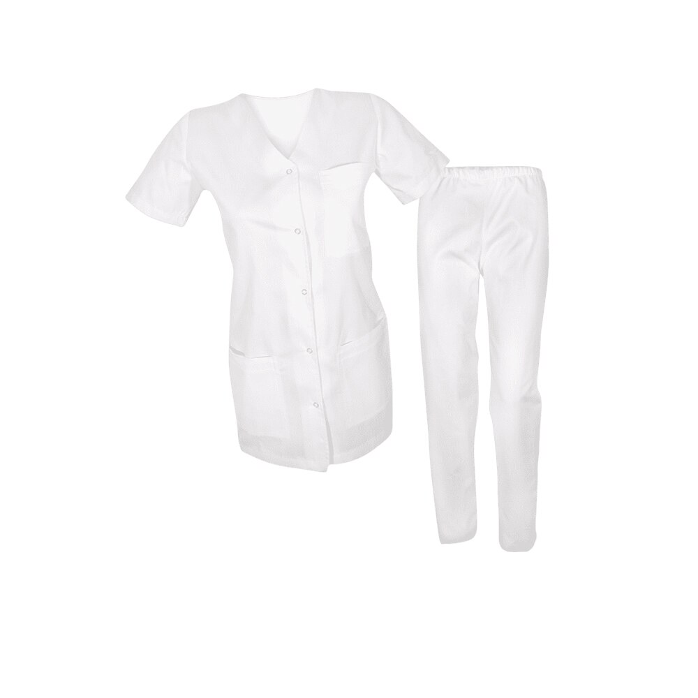 Costum medical de dama, bluza cu capse si pantaloni cu elastic, Alb, XL