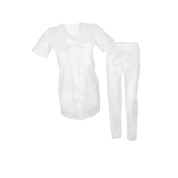 Costum medical de dama, bluza cu capse si pantaloni cu elastic, Alb, M