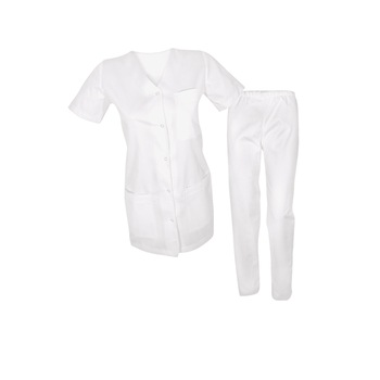 Costum medical de dama, bluza cu capse si pantaloni cu elastic, Alb, M Costum medical de dama, bluza cu capse si pantaloni cu elastic, Alb, M
