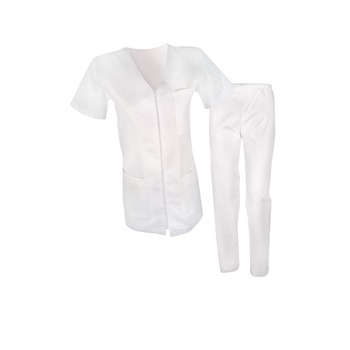 Costum medical de dama, bluza cu fermoar si pantaloni cu elastic, Alb, S