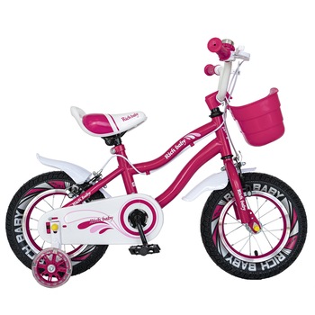 Bicicleta Copii 3-5 ani, Roti 14 Inch, C-Brake, Roti Ajutatoare cu LED, Rich Baby R1404A, Cadru Fucsia cu Design Alb Bicicleta Copii 3-5 ani, Roti 14 Inch, C-Brake, Roti Ajutatoare cu LED, Rich Baby R1404A, Cadru Fucsia cu Design Alb