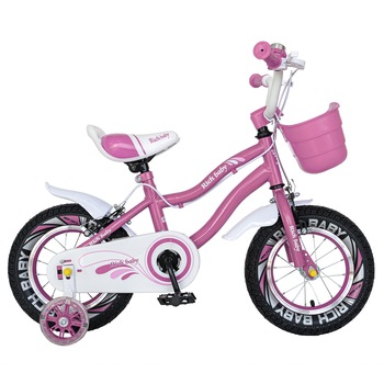 Bicicleta Copii 3-5 ani, Roti 14 Inch, C-Brake, Roti Ajutatoare cu LED, Rich Baby R1404A, Cadru Roz cu Design Alb Bicicleta Copii 3-5 ani, Roti 14 Inch, C-Brake, Roti Ajutatoare cu LED, Rich Baby R1404A, Cadru Roz cu Design Alb