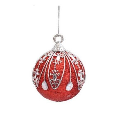 Set 2 globuri rosii cu cristale, HR04R10, diametru 10 cm