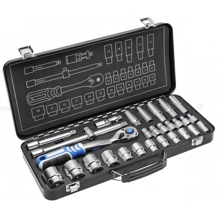 Професионален комплект инструменти, Hogert, 29 части, торцови ключове с тресчотка, хром-ванадиева легирана стомана