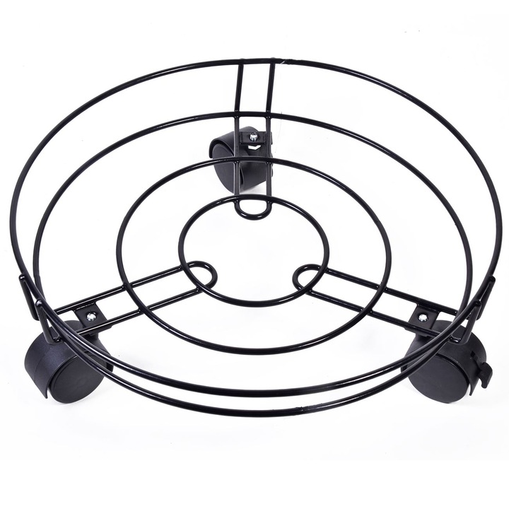 Suport ghiveci de flori din metal cu roti, negru, 35 cm