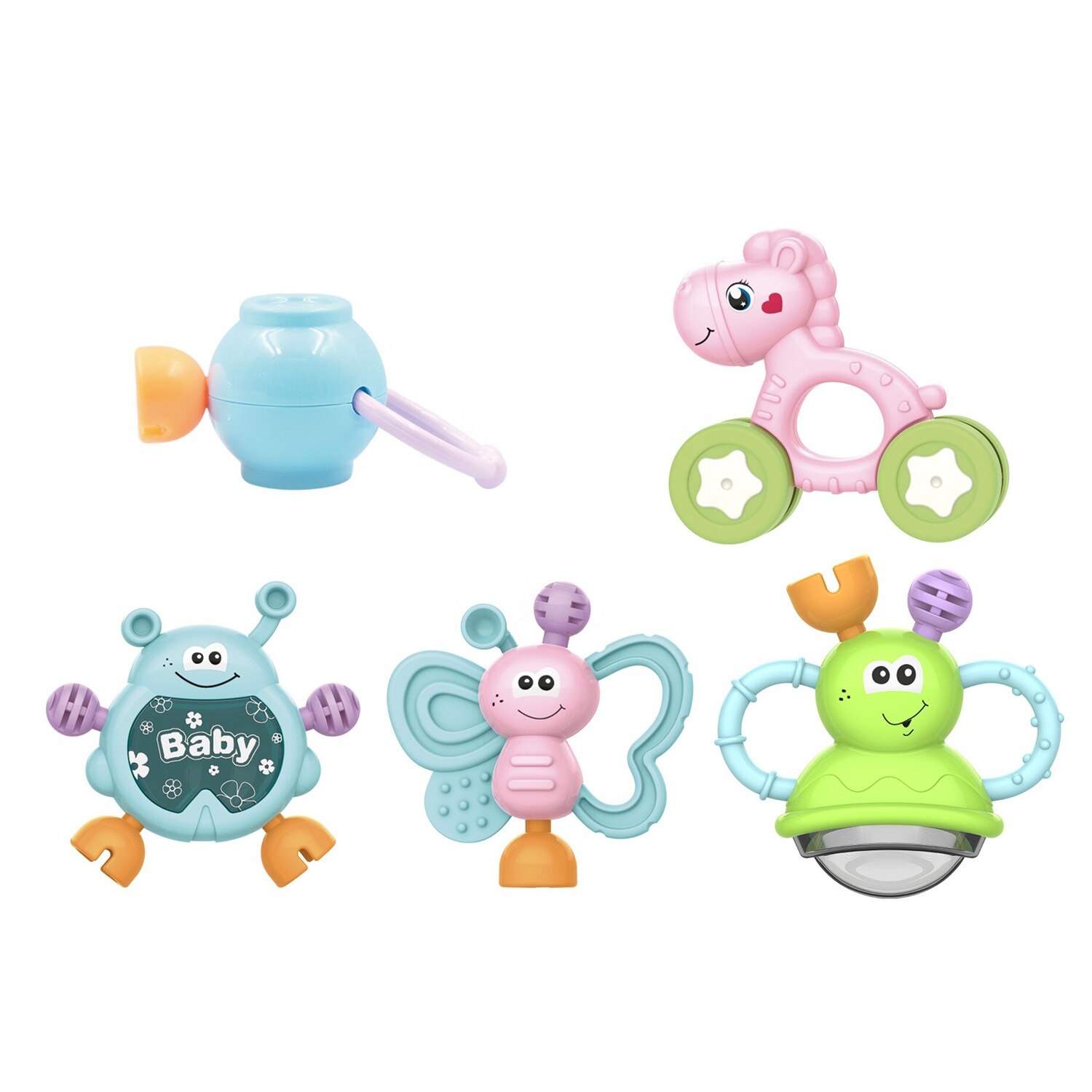 Set 5 zornaitoare pentru bebelusi cu diferite forme si culori, multicolor, +3 luni