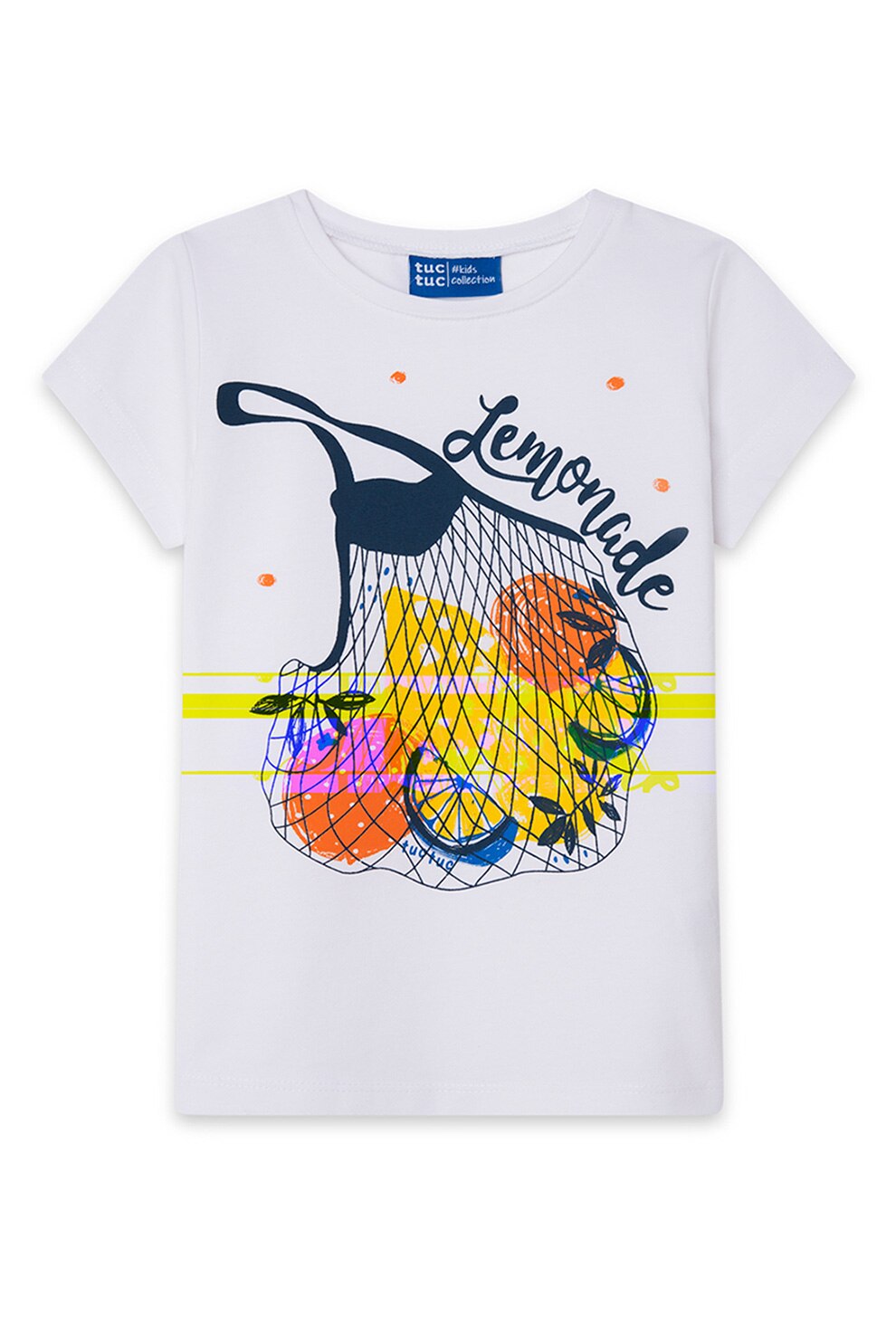 Tuc Tuc, Tricou cu decolteu la baza gatului si imprimeu grafic, Alb/Roz/Albastru
