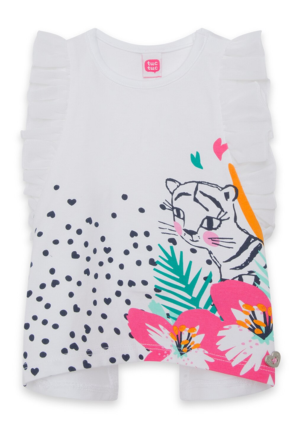 Tuc Tuc, Tricou cu imprimeu si volane, Alb/Roz/Verde