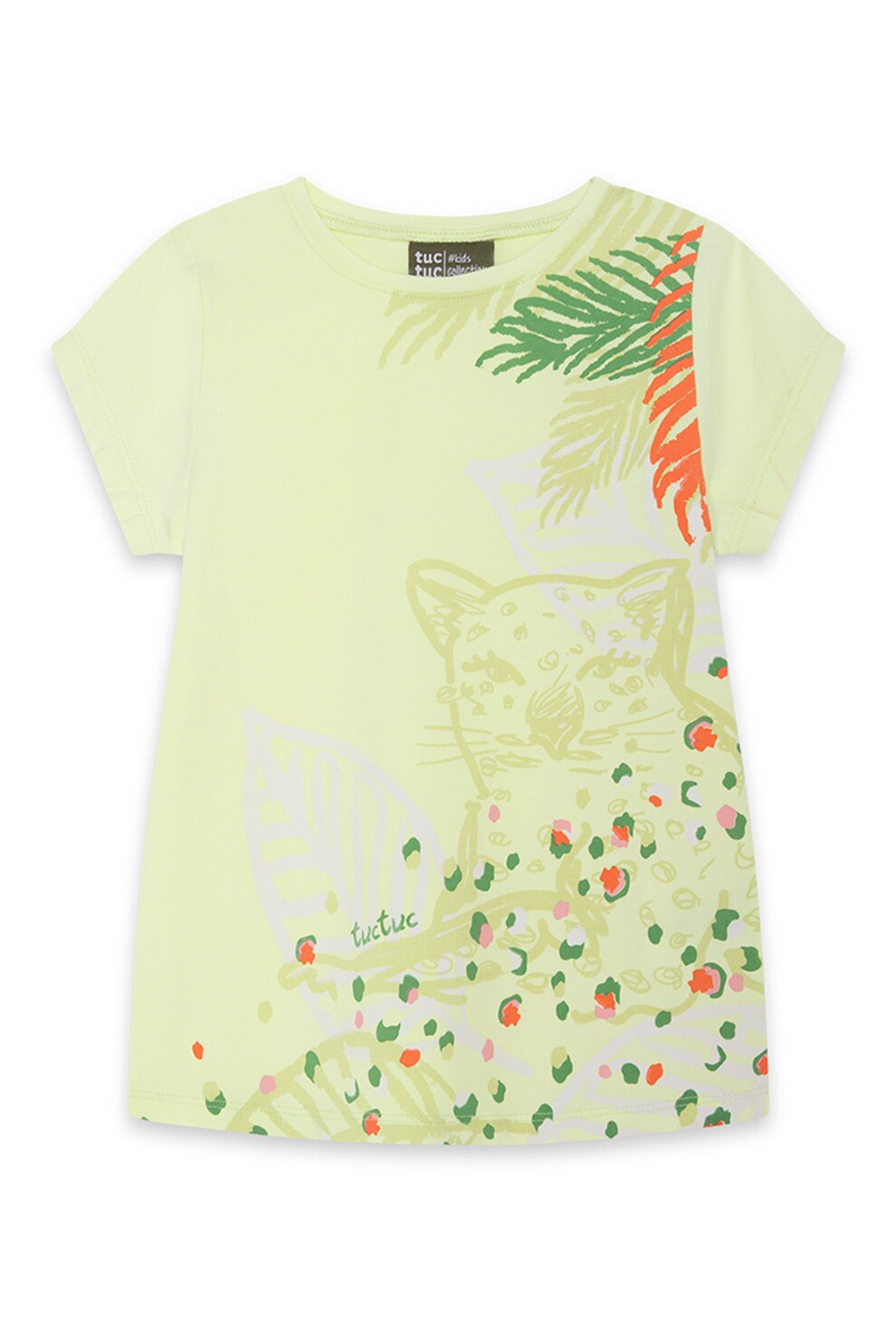 Tuc Tuc, Tricou cu decolteu la baza gatului si imprimeu, Galben pal/Verde