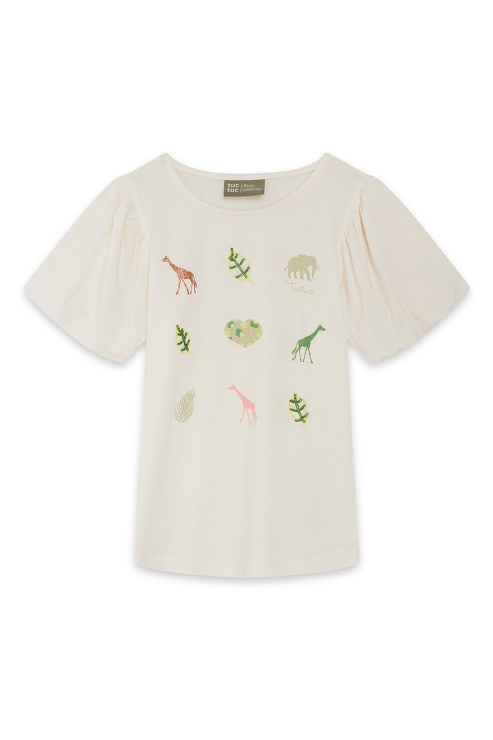 Tuc Tuc, Tricou cu imprimeu si maneci bufante, Alb prafuit/Verde