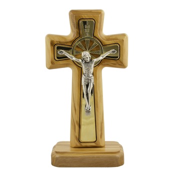 Cruce sculptata manual in lemn masiv de maslin cu corpul placat cu argint - Iisus rastignit pe cruce, postament, auriu - 9x5 cm, 1/2 Cruce sculptata manual in lemn masiv de maslin cu corpul placat cu argint - Iisus rastignit pe cruce, postament, auriu - 9x5 cm, 1/2