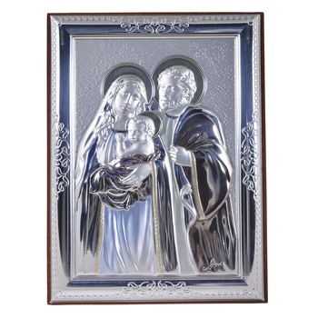 Icoana placata cu argint, pictata manual - Sfanta Familie, reprezentare tip vechi - Drept, finisaj lemn alun, 12x9 cm, 2/4 Icoana placata cu argint, pictata manual - Sfanta Familie, reprezentare tip vechi - Drept, finisaj lemn alun, 12x9 cm, 2/4