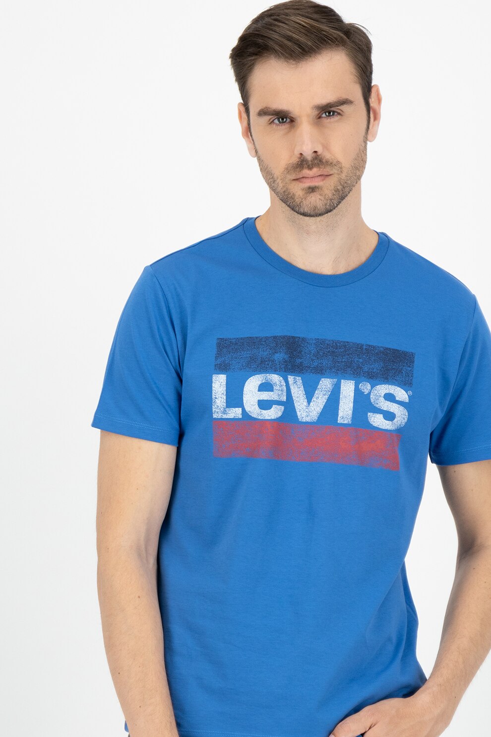 Levi's, Тениска с лого и овално деколте, Синя лавандула / Бял / Червен