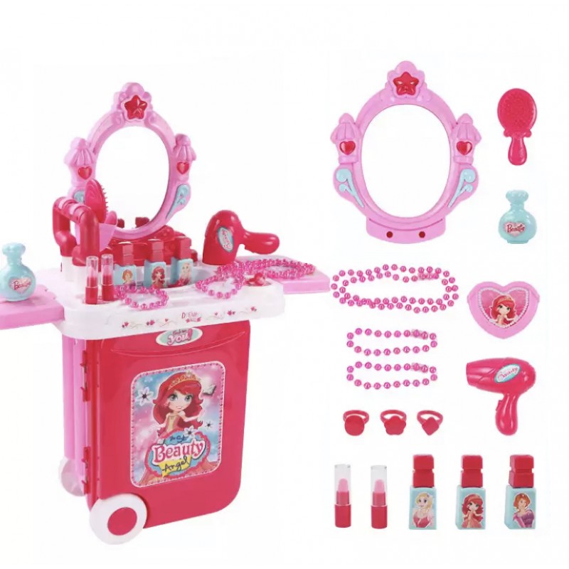 Masuta de Machiaj Pentru Copii, 2 in 1, Transformabila in Valiza, Include 14 Accesorii si Oglinda, cu Efecte Sonore, Lumini si Maner Pentru Transport, 60 Cm Inaltime, Roz