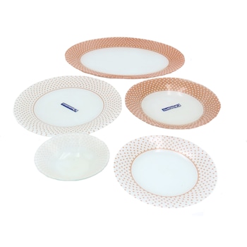 Set 25 piese servire, farfurii , boluri, platou, sticla ,alb cu bej Set 25 piese servire, farfurii , boluri, platou, sticla ,alb cu bej
