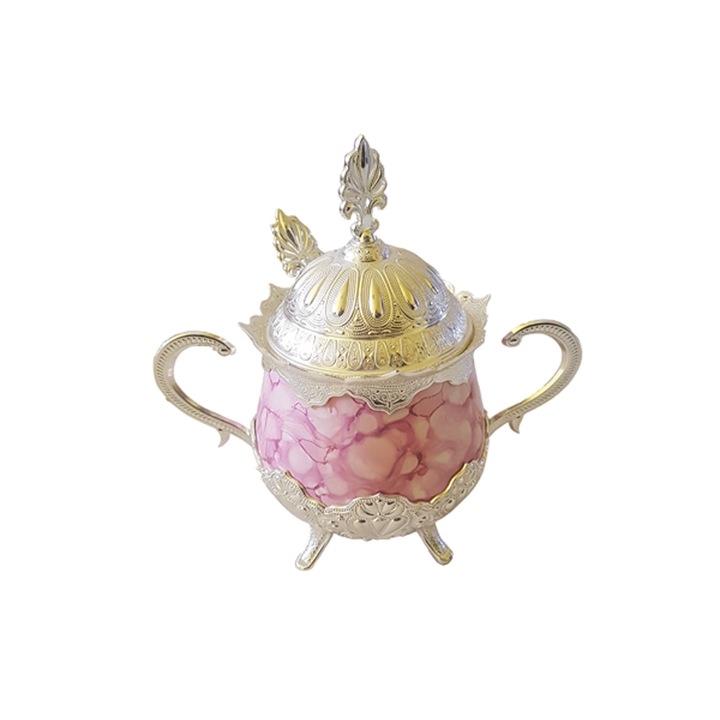 Zaharnita deosebita cu capac si lingurita, Busem, 16x16 cm, argintiu cu roz