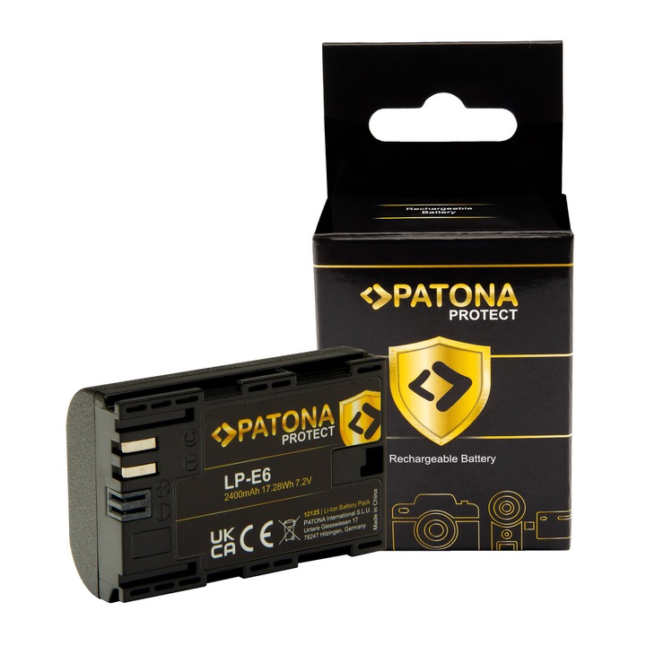 Acumulator PATONA Protect LP-E6,2400mAh, pentru Canon EOS-70D, EOS 60D 60Da 7D 6D 5D Mark II III EOS R, Pocket Cinema Camera 6K