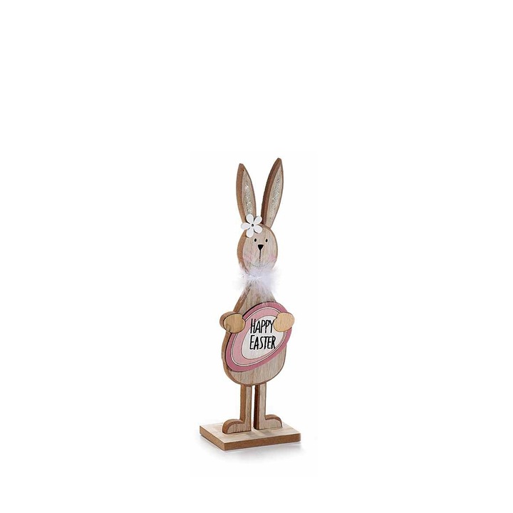 Figurina Iepuras Paste din lemn natur si roz 9 cm x 6 cm x 30 h