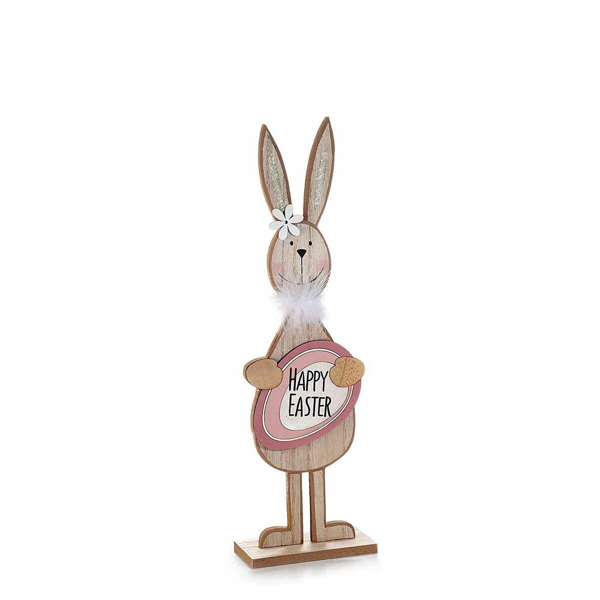 Figurina Iepuras Paste din lemn natur si roz 12 cm x 6 cm x 40 h