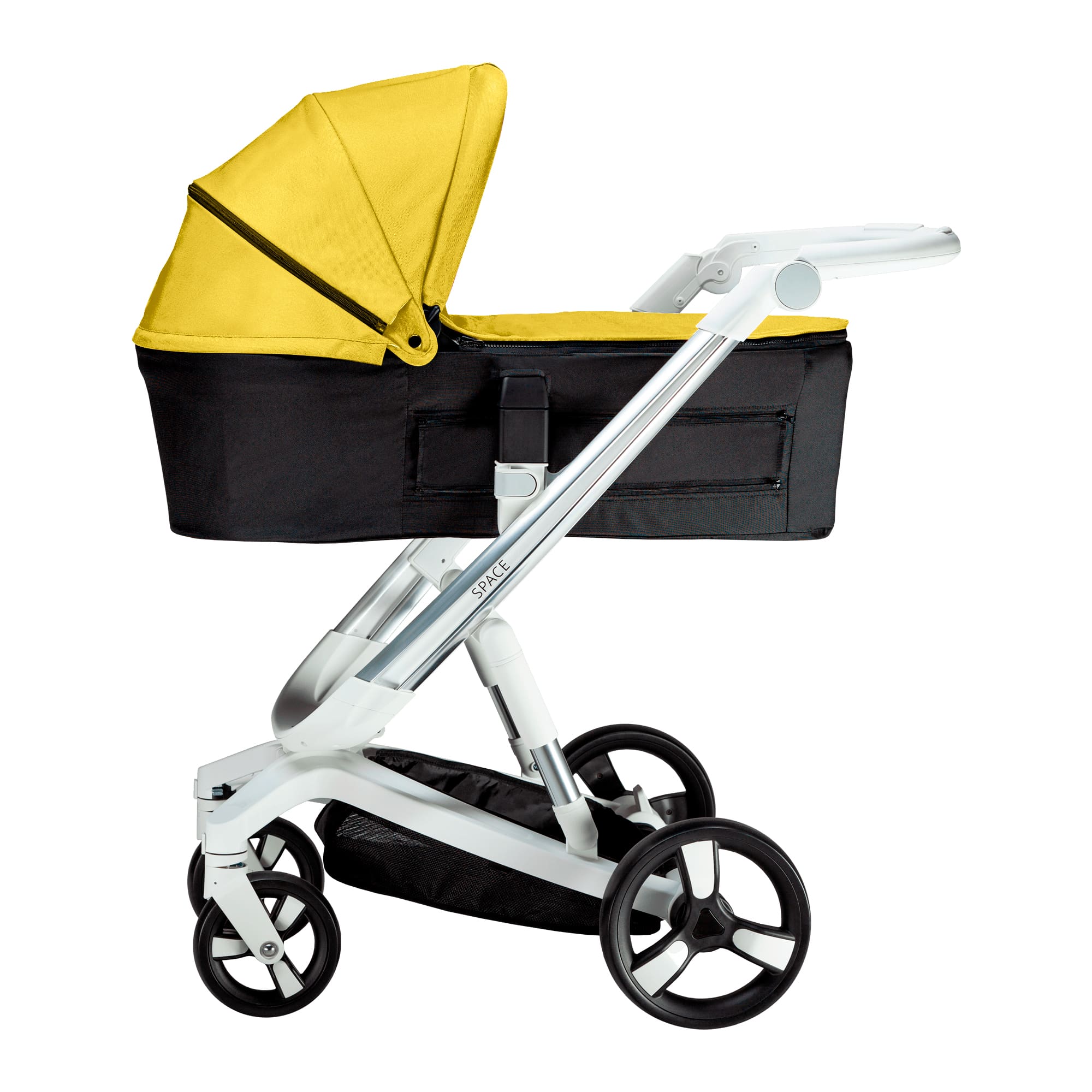 Carucior Bebumi Space 3 in 1, Cadru silver, Galben, cu frana automata, 2021