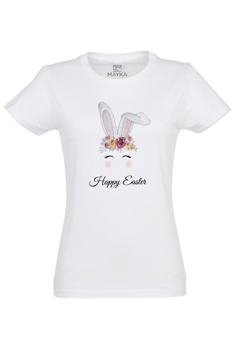 Tricou dama din bumbac 100%, de Paste, MAYKA, model HAPPY EASTER, Alb