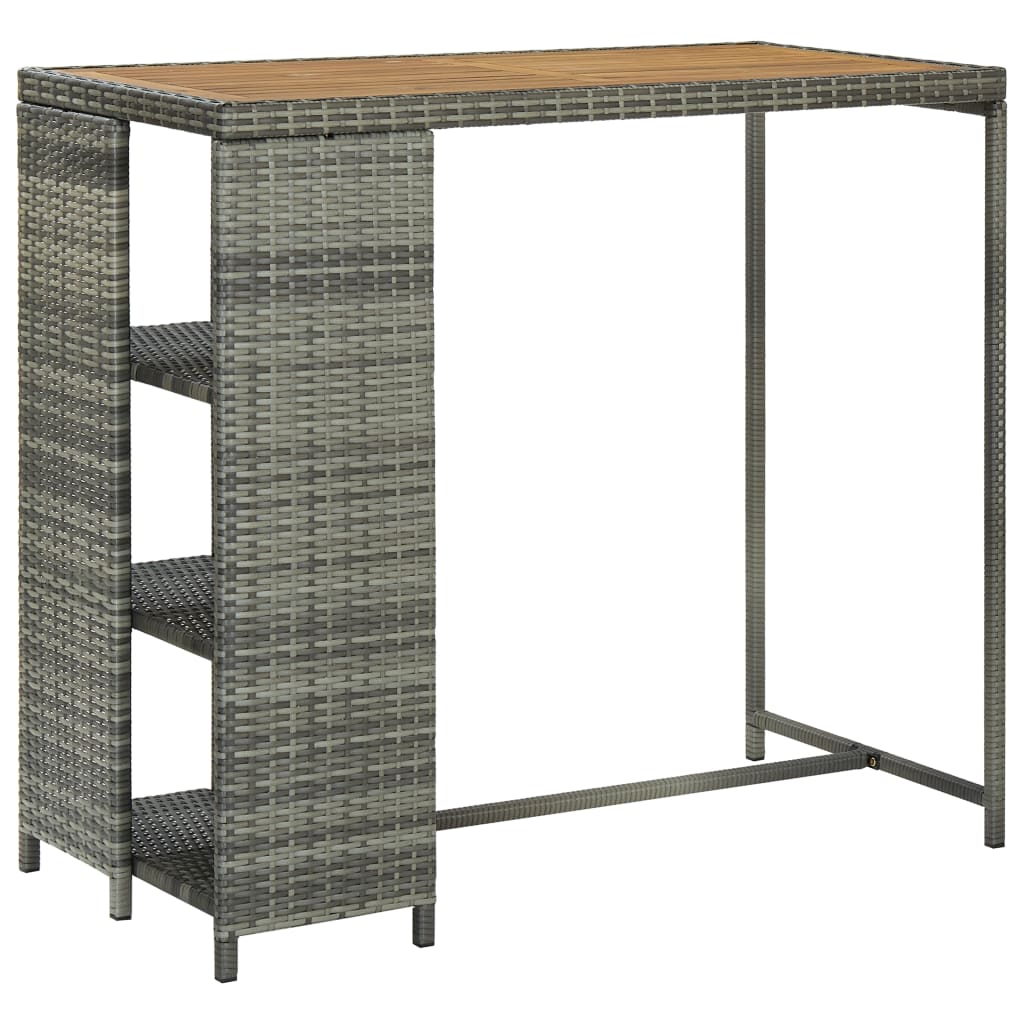 Masa de bar cu raft depozitare, vidaXL, Poliratan/Lemn, 120x60x110 cm, Gri