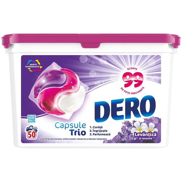 Detergent capsule Dero Trio, Levantica si iasomie, 50 spalari