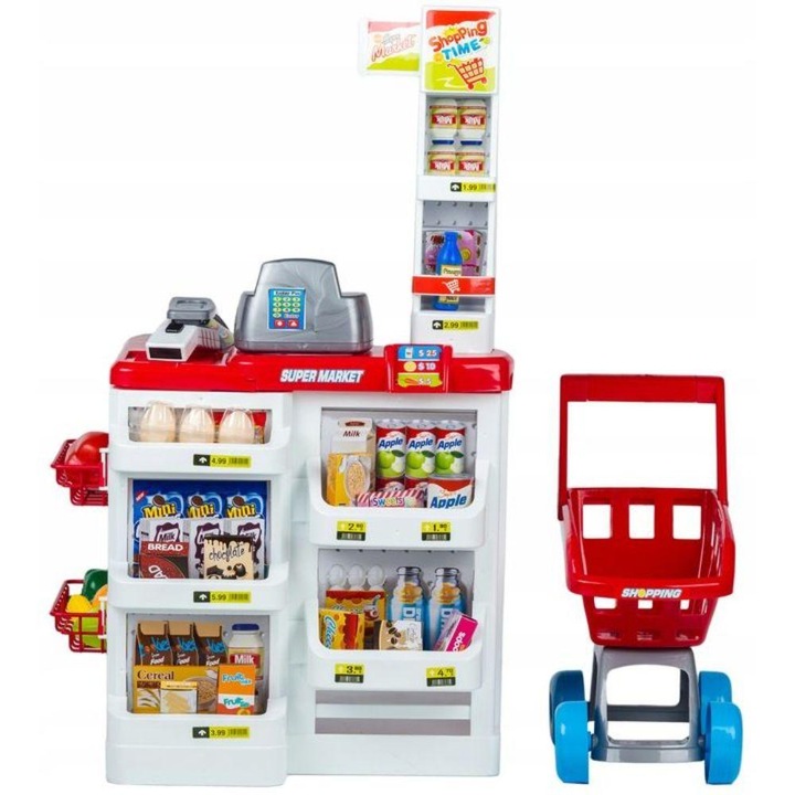 Szupermarket játék készlet, bevásárlókocsival, pénztárgéppel