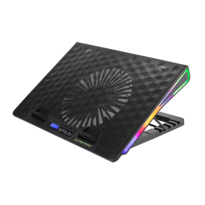 Cooler Laptop Esperanza Alize, iluminare RGB 7 moduri, display LCD, Hub 2 port USB, 5 unghiuri de reglare, negru