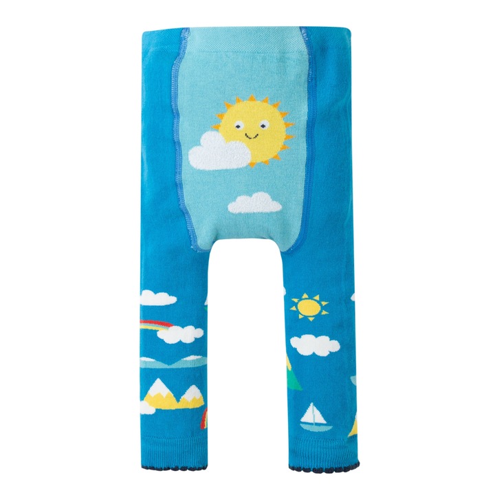 Pantaloni crosetati, cu soare si nori, bumbac organic, albastru, bebe 6-12 luni