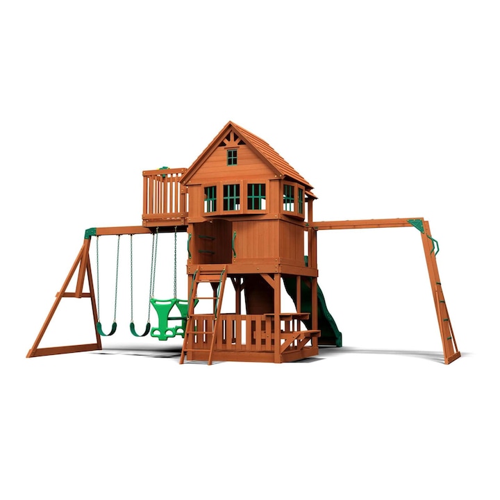 Детска къща за игра Sky Fort 2 на открито от кедрово дърво с пързалка с вълни, Стена за катерене, 2 люлки