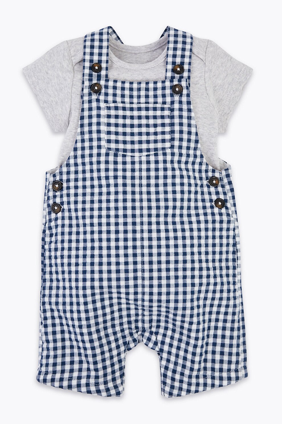 Marks & Spencer, Set 2 piese cu body si salopeta, baieti, in carouri, Bleumarin