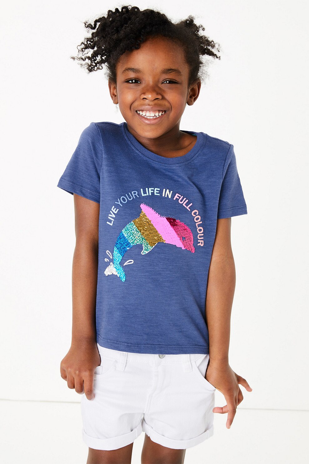 Marks & Spencer, Tricou din bumbac cu aplicatii din paiete reversibile, Albastru inchis/roz/argintiu