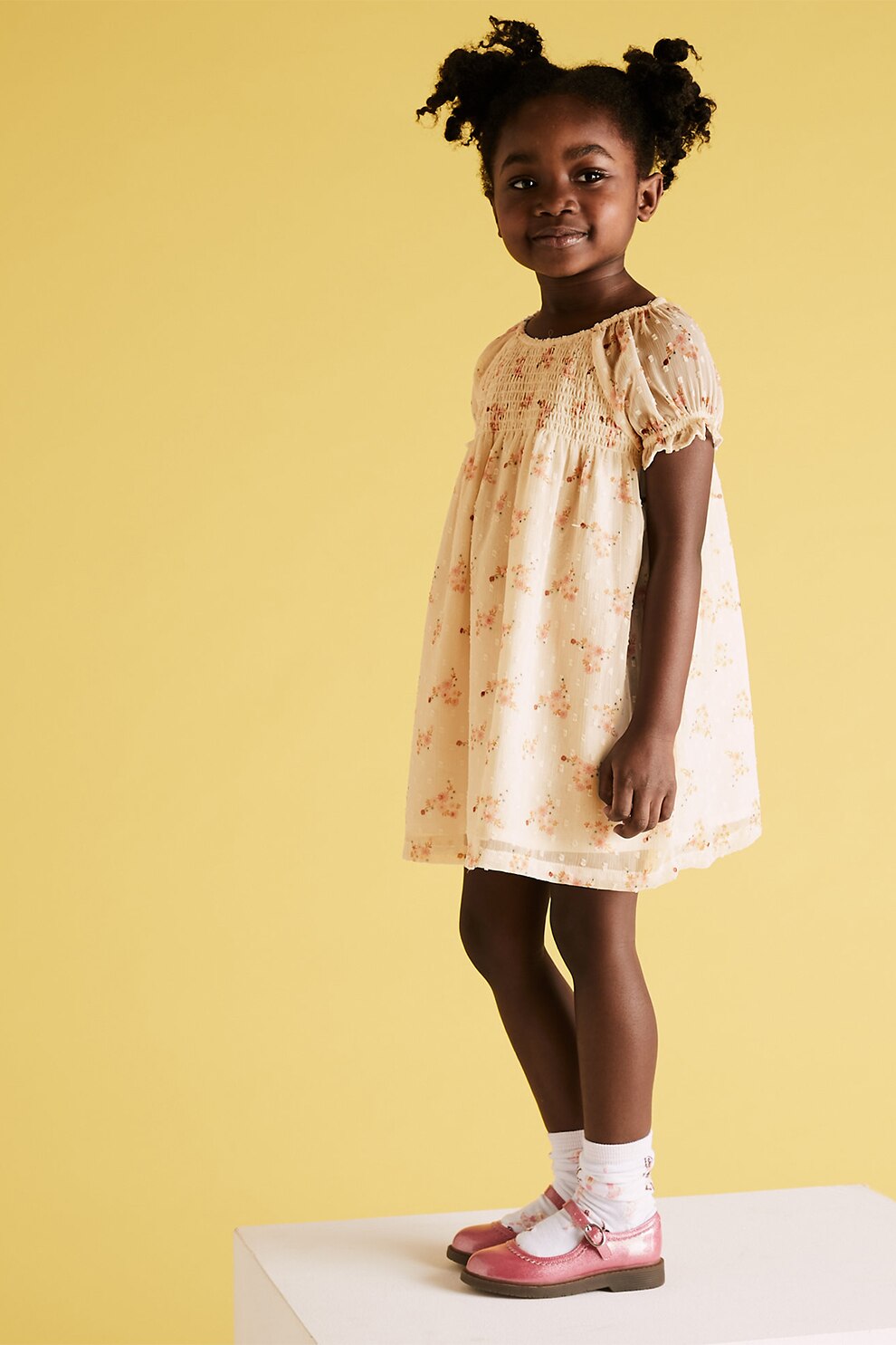 Marks & Spencer, Rochie cu model floral si imprimeu, Galben pai/oranj stins