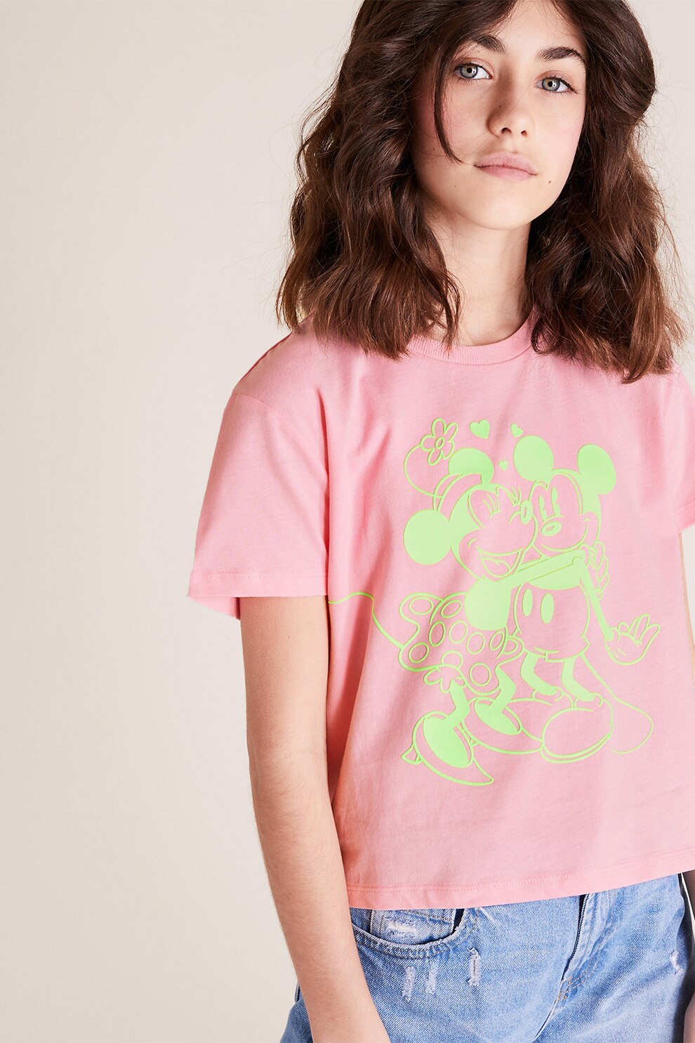 Marks & Spencer, Tricou cu imprimeu cu Mickey&Minnie Mouse, Roz/Verde