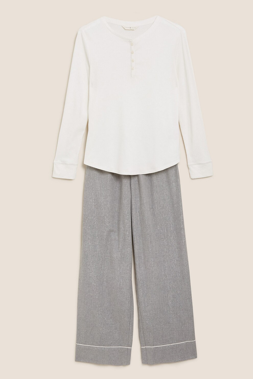 Marks & Spencer, Bluza Henley si pantaloni stralucitori de pijama, Alb/Gri, 42