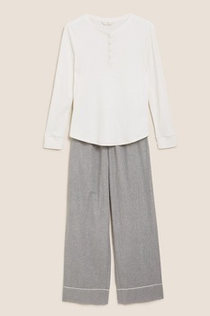 Marks & Spencer, Bluza Henley si pantaloni stralucitori de pijama, Alb/Gri, 42 Marks & Spencer, Bluza Henley si pantaloni stralucitori de pijama, Alb/Gri, 42