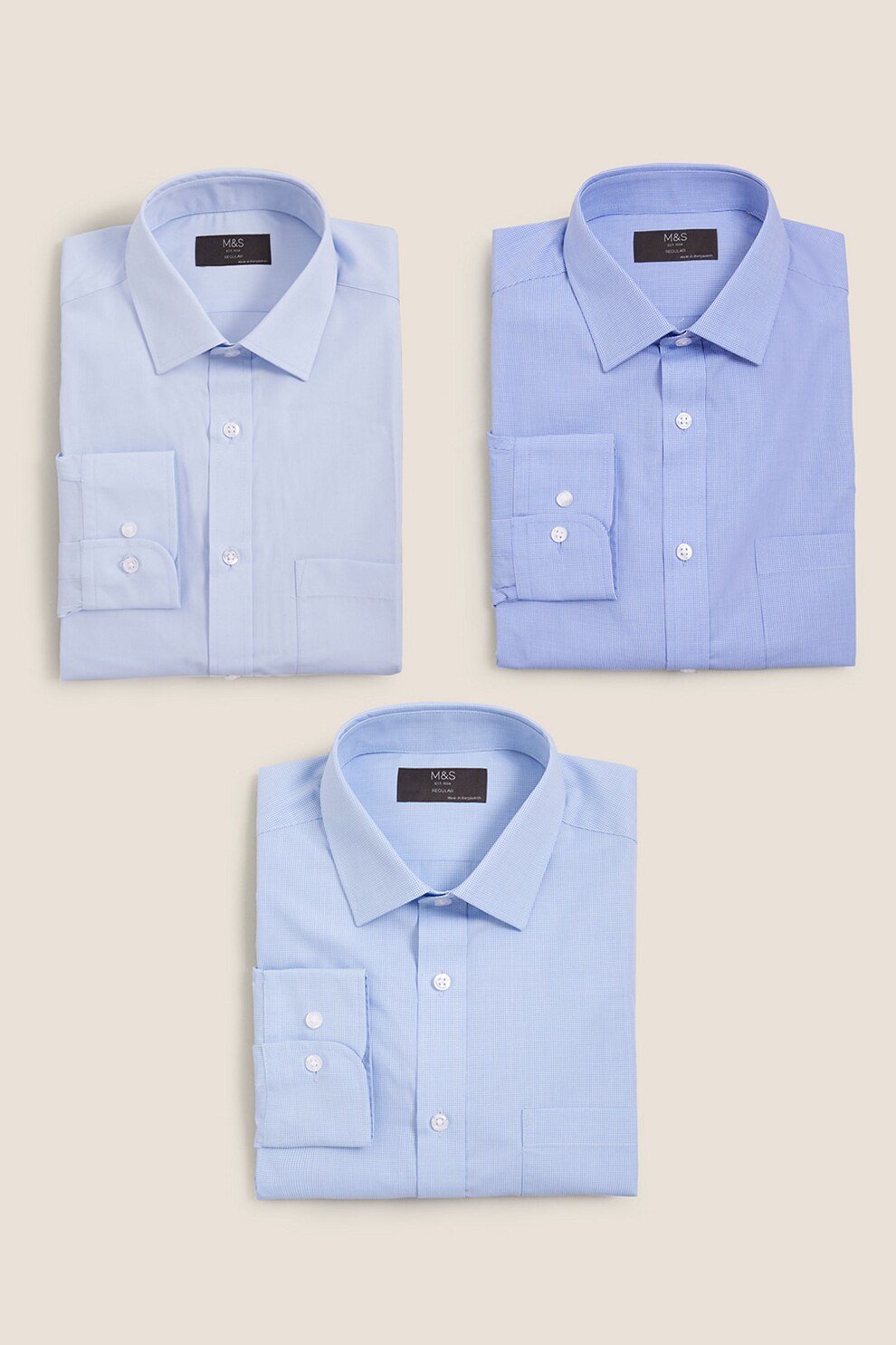 Marks & Spencer, Set de camasi regular fit - 3 piese, Albastru pastel