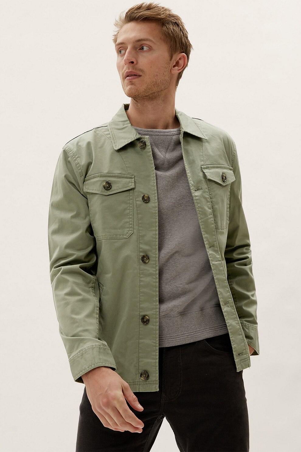 Marks & Spencer, Jacheta tip camasa regular fit din amestec de bumbac, Verde sparanghel, XL